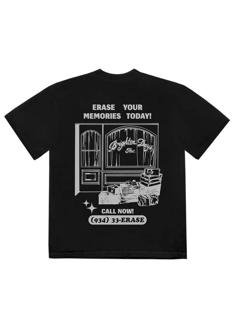 Back of a black T-shirt with a large illustrated print.