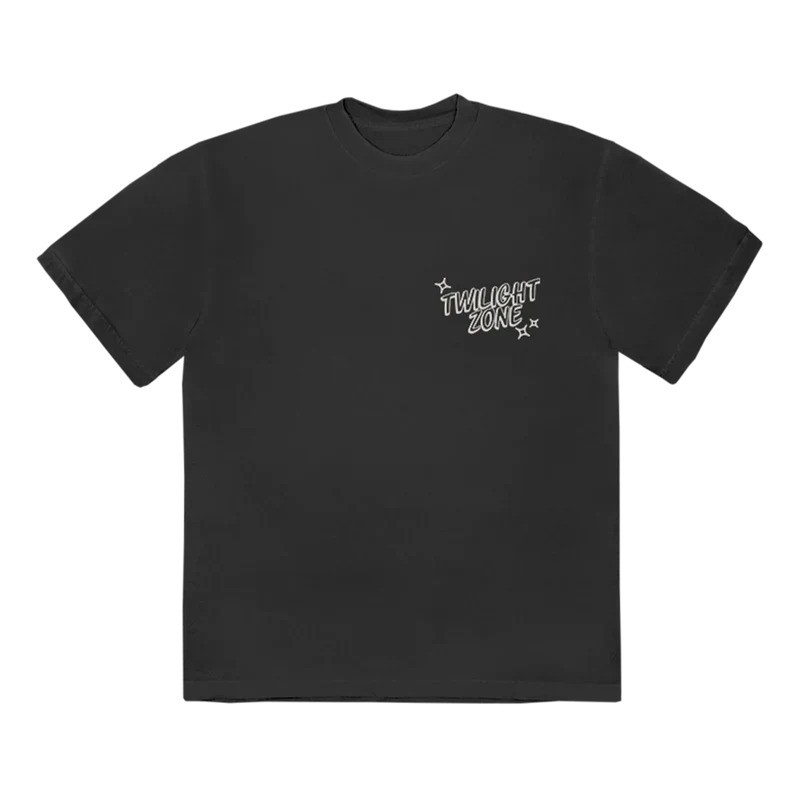 Black T-shirt with small white chest lettering.